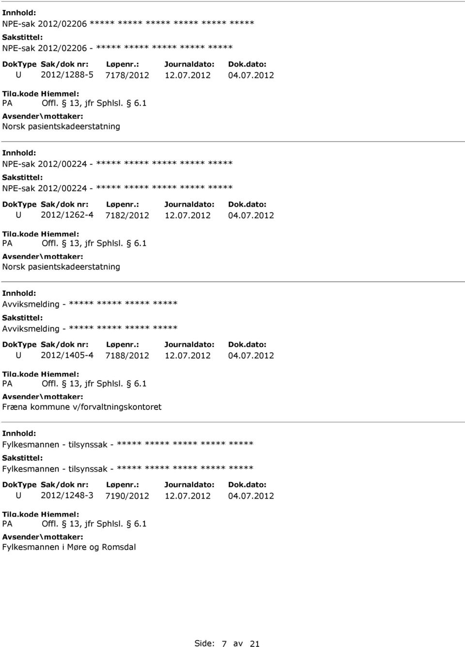 2012 Avviksmelding - ***** ***** ***** ***** Avviksmelding - ***** ***** ***** ***** 2012/1405-4 7188/2012 Fræna kommune v/forvaltningskontoret 04.07.