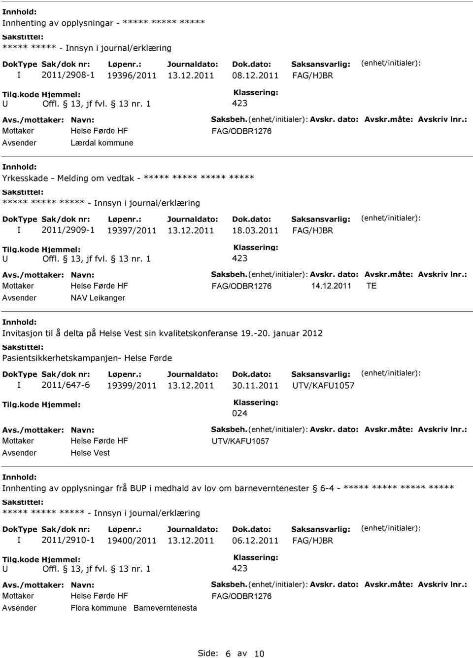 2011 TE NAV Leikanger nvitasjon til å delta på Helse Vest sin kvalitetskonferanse 19.-20. januar 2012 Pasientsikkerhetskampanjen- Helse Førde 2011/647-6 19399/2011 30.11.2011