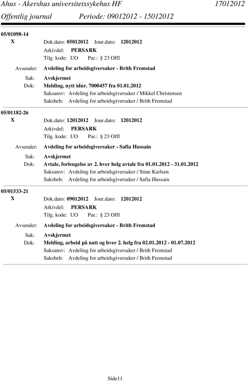 dato: 09012012 Jour.dato: 12012012 Avdeling for arbeidsgiversaker - Brith Fremstad Melding, arbeid på natt og hver 2. helg fra 02.01.2012-01.07.
