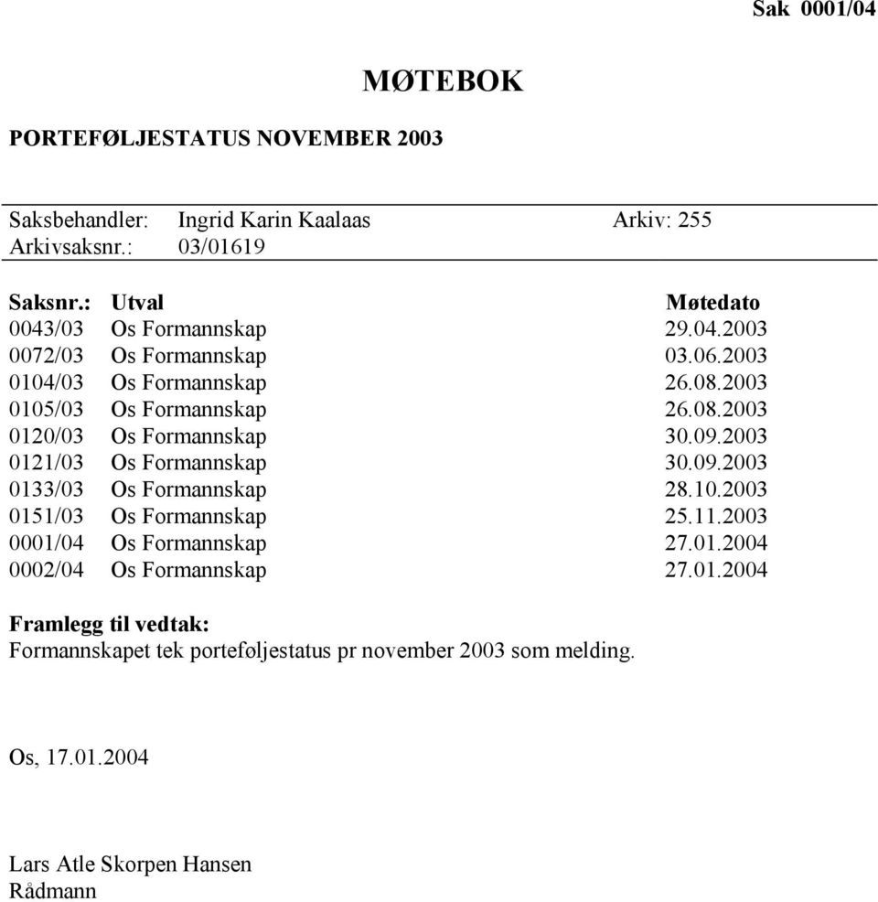 09.2003 0121/03 Os Formannskap 30.09.2003 0133/03 Os Formannskap 28.10.2003 0151/03 Os Formannskap 25.11.2003 0001/04 Os Formannskap 27.01.2004 0002/04 Os Formannskap 27.