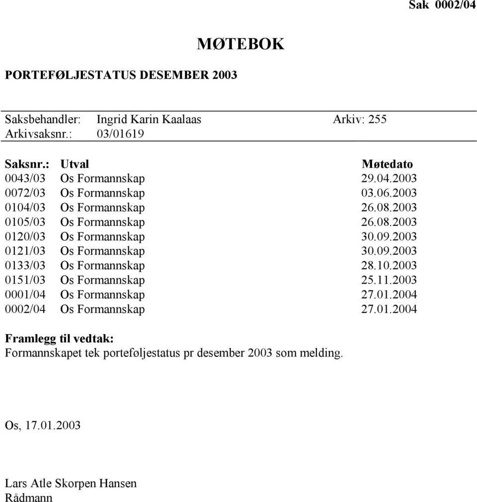 09.2003 0121/03 Os Formannskap 30.09.2003 0133/03 Os Formannskap 28.10.2003 0151/03 Os Formannskap 25.11.2003 0001/04 Os Formannskap 27.01.2004 0002/04 Os Formannskap 27.