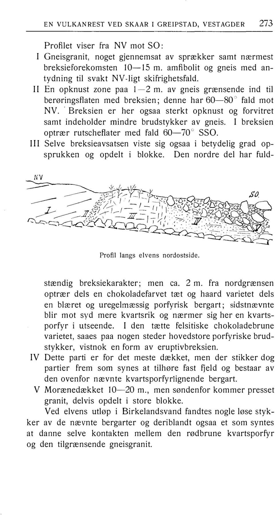 Breksien er her ogsaa sterkt opknust og forvitret samt indeholder mindre brudstykker av gneis. I breksien optrær rutscheflater med fald 60-70 SSO.