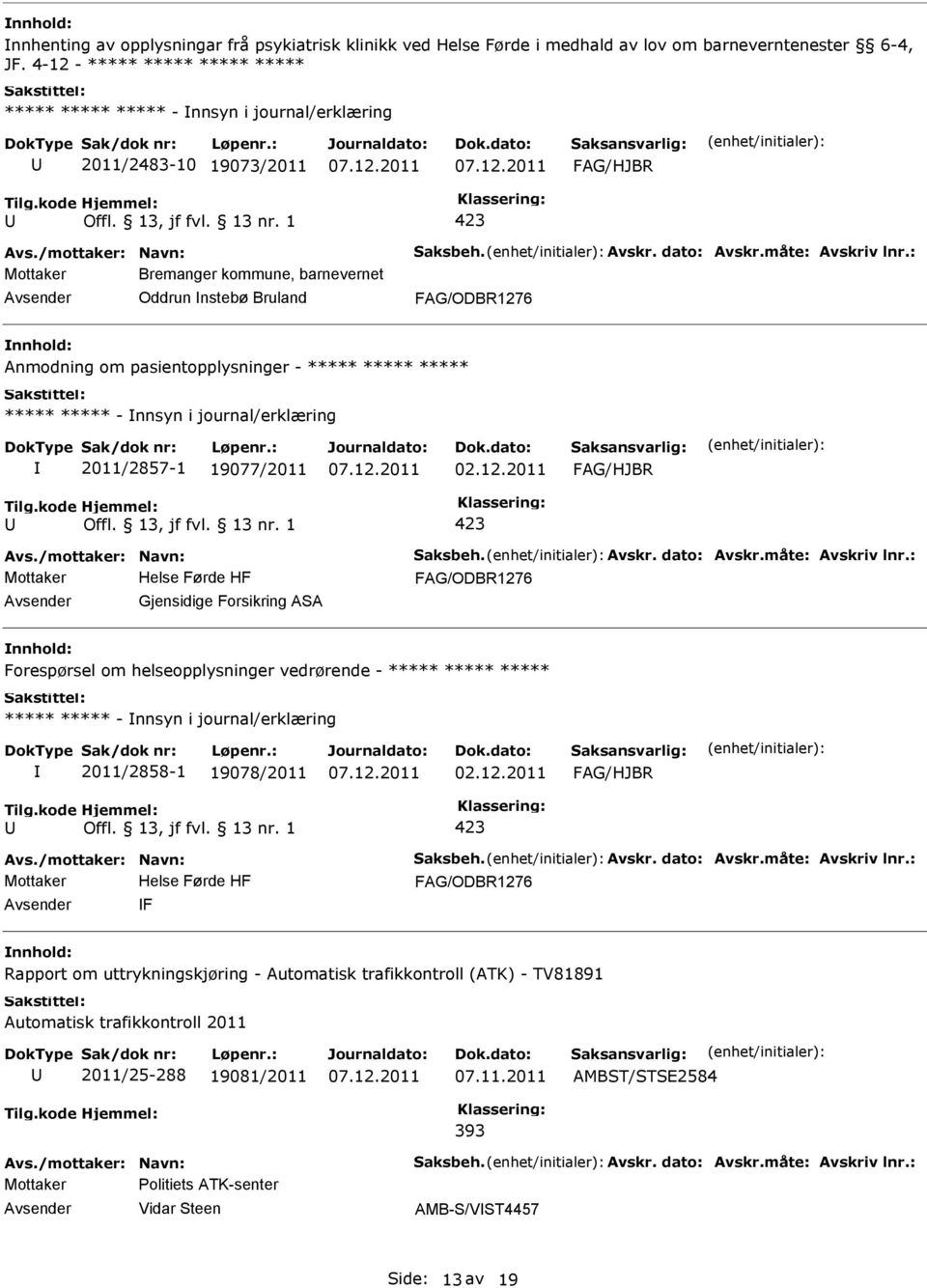 pasientopplysninger - ***** ***** ***** ***** ***** - nnsyn i journal/erklæring 2011/2857-1 19077/2011 02.12.