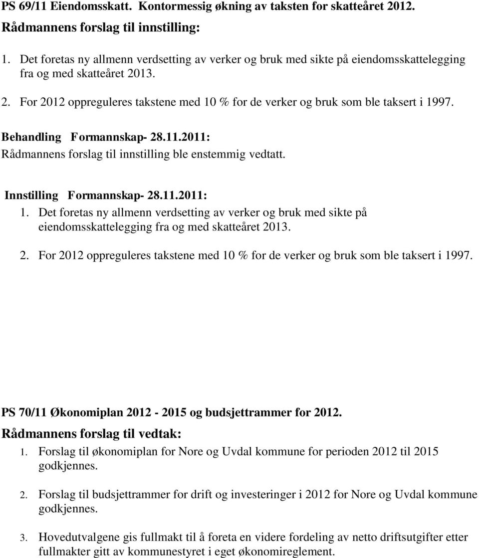 Behandling Formannskap- 28.11.2011: Rådmannens forslag til innstilling ble enstemmig vedtatt. Innstilling Formannskap- 28.11.2011: 1.  PS 70/11 Økonomiplan 2012-2015 og budsjettrammer for 2012.