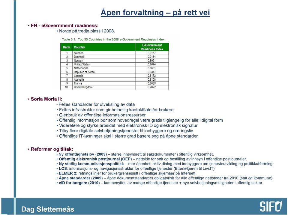 Offentlig informasjon bør som hovedregel være gratis tilgjengelig for alle i digital form Videreføre og styrke arbeidet med elektronisk ID og elektronisk signatur Tilby flere digitale