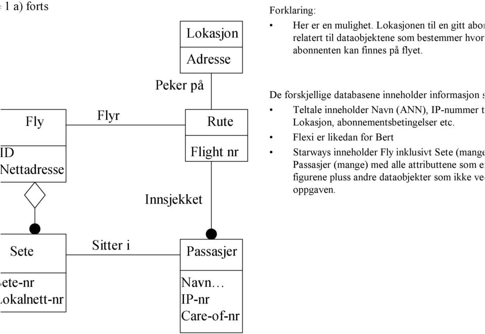 Fly ID Nettadresse Flyr Peker på Rute Flight nr Innsjekket De forskjellige databasene inneholder informasjon som Teltale inneholder Navn (ANN),