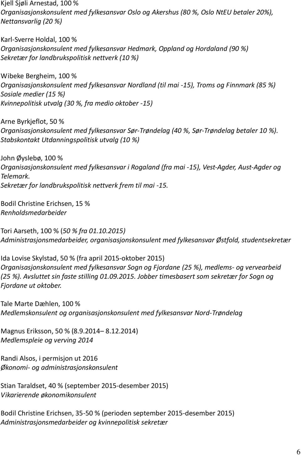 Finnmark (85 %) Sosiale medier (15 %) Kvinnepolitisk utvalg (30 %, fra medio oktober -15) Arne Byrkjeflot, 50 % Organisasjonskonsulent med fylkesansvar Sør-Trøndelag (40 %, Sør-Trøndelag betaler 10