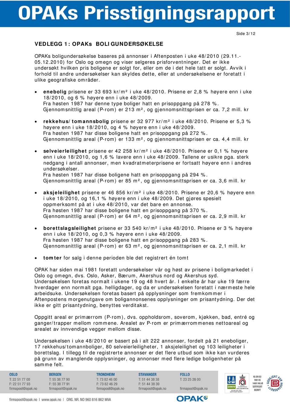 Avvik i forhold til andre undersøkelser kan skyldes dette, eller at undersøkelsene er foretatt i ulike geografiske områder. enebolig prisene er 33 693 kr/m² i uke 48/2010.