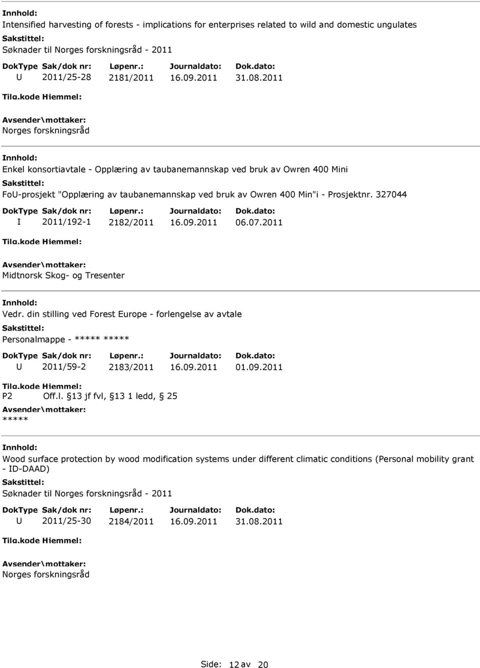 327044 2011/192-1 2182/2011 06.07.2011 Midtnorsk Skog- og Tresenter Vedr. din stilling ved Forest Europe - forlengelse av avtale Personalmappe - 2011/59-2 2183/2011 01.09.