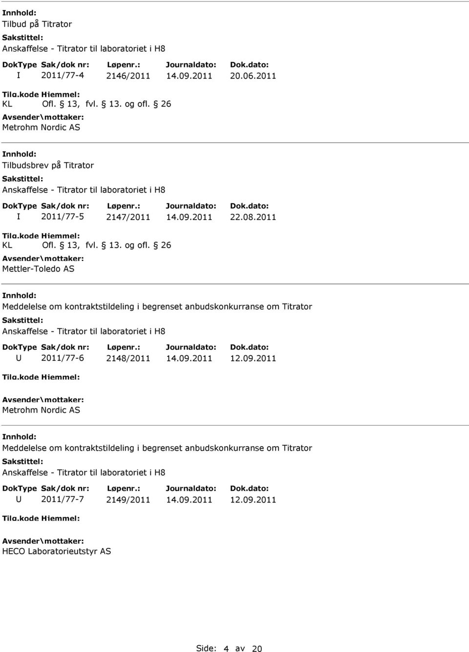 26 Mettler-Toledo AS Meddelelse om kontraktstildeling i begrenset anbudskonkurranse om Titrator Anskaffelse - Titrator til laboratoriet i H8 2011/77-6