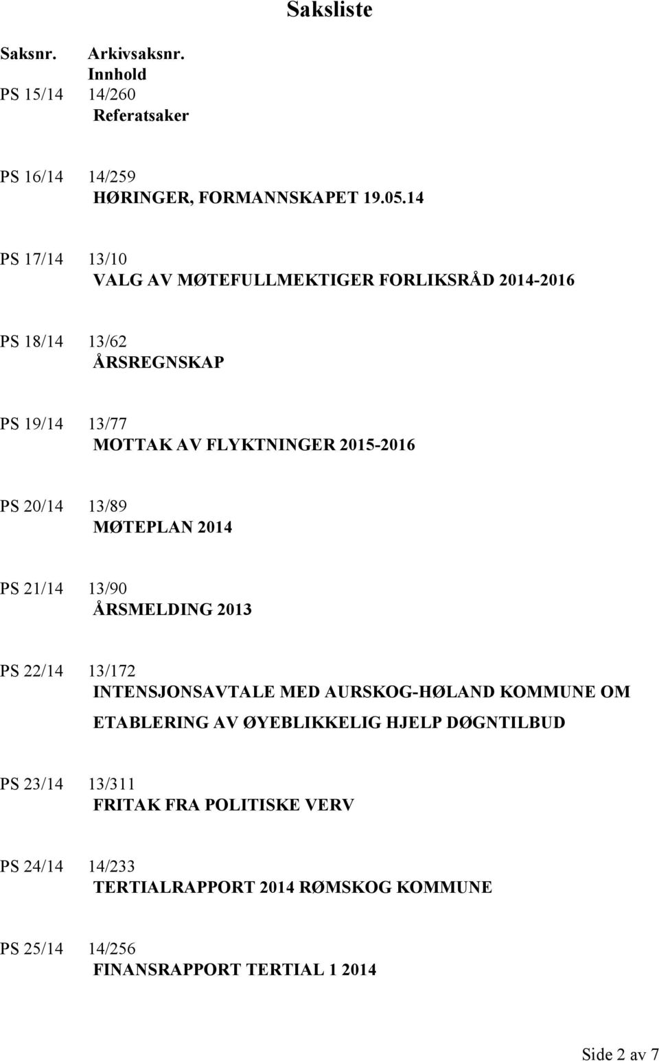 20/14 13/89 MØTEPLAN 2014 PS 21/14 13/90 ÅRSMELDING 2013 PS 22/14 13/172 INTENSJONSAVTALE MED AURSKOG-HØLAND KOMMUNE OM ETABLERING AV