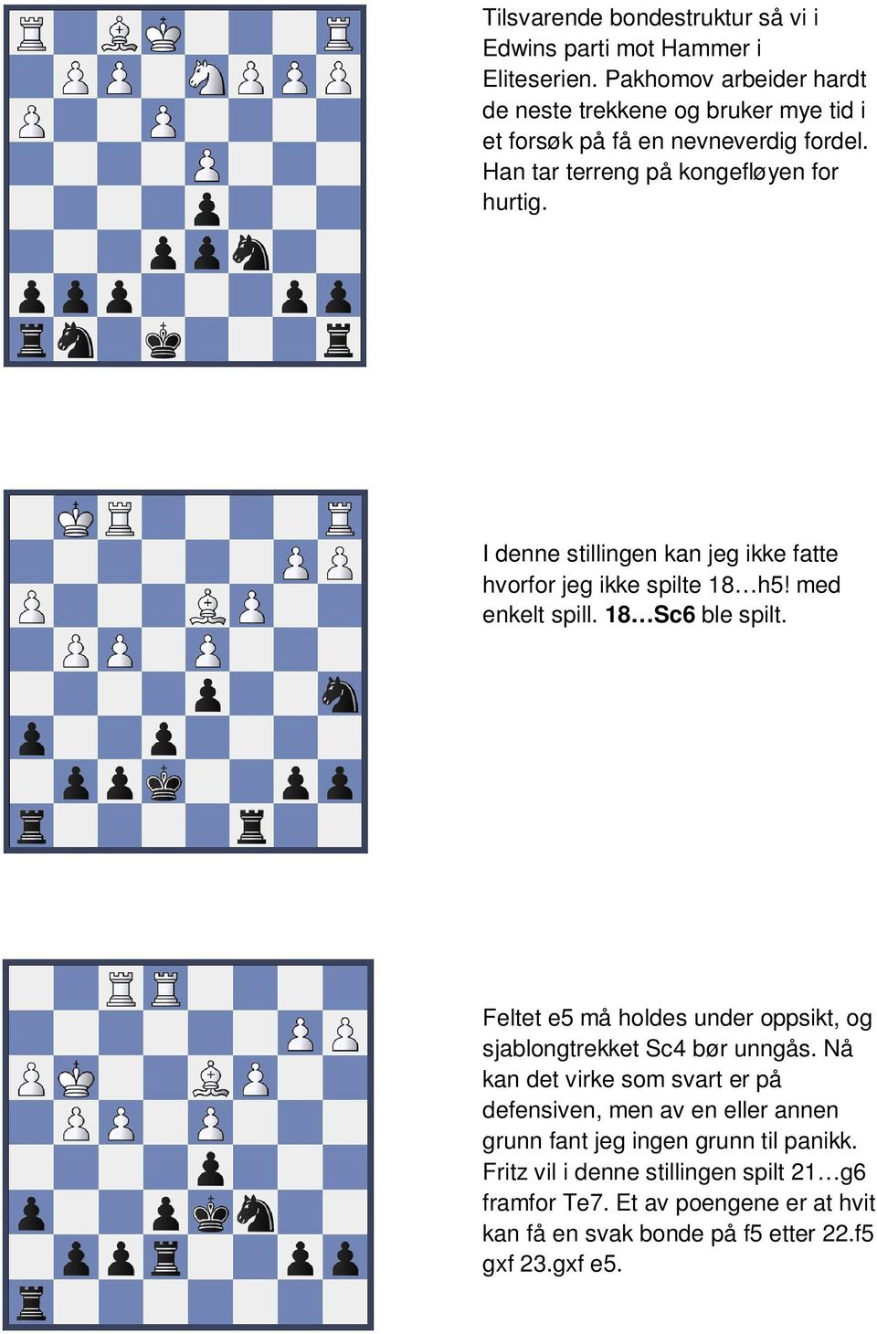 I denne stillingen kan jeg ikke fatte hvorfor jeg ikke spilte 18 h5! med enkelt spill. 18 Sc6 ble spilt.