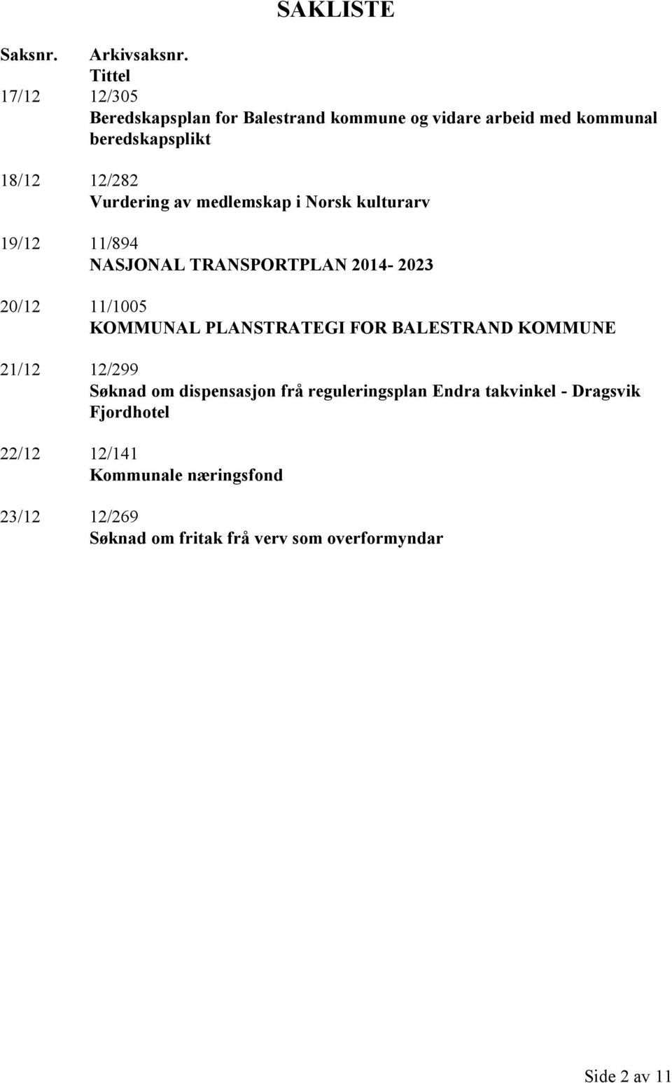 Vurdering av medlemskap i Norsk kulturarv 19/12 11/894 NASJONAL TRANSPORTPLAN 2014-2023 20/12 11/1005 KOMMUNAL