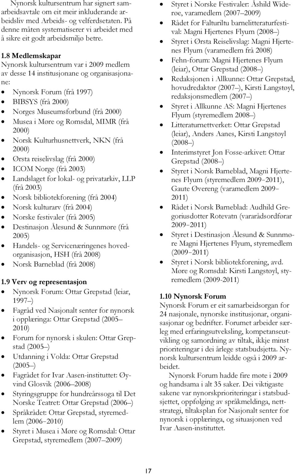 8 Medlemskapar Nynorsk kultursentrum var i 2009 medlem av desse 14 institusjonane og organisasjonane: Nynorsk Forum (frå 1997) BIBSYS (frå 2000) Norges Museumsforbund (frå 2000) Musea i Møre og