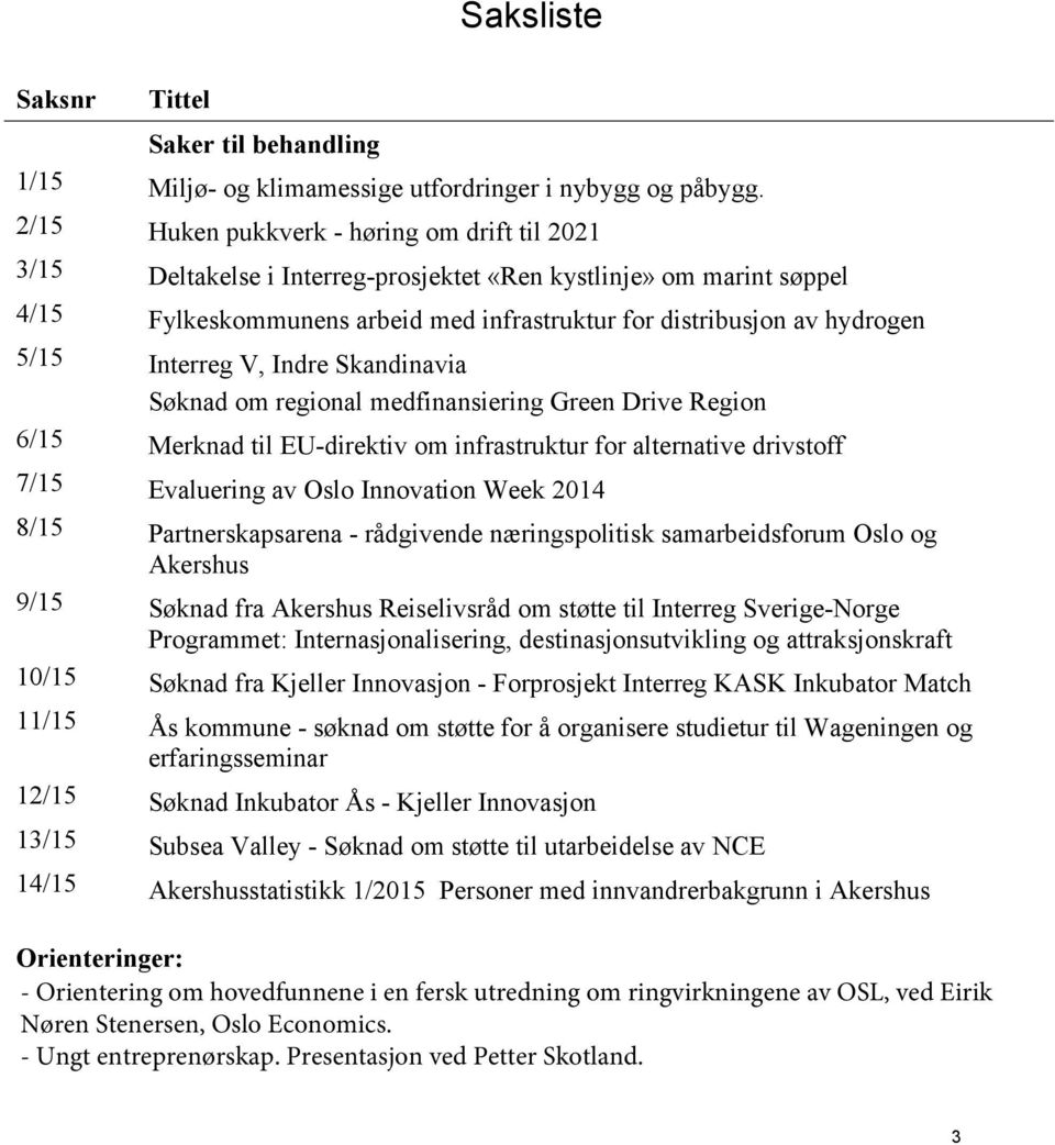 Interreg V, Indre Skandinavia Søknad om regional medfinansiering Green Drive Region 6/15 Merknad til EU-direktiv om infrastruktur for alternative drivstoff 7/15 Evaluering av Oslo Innovation Week