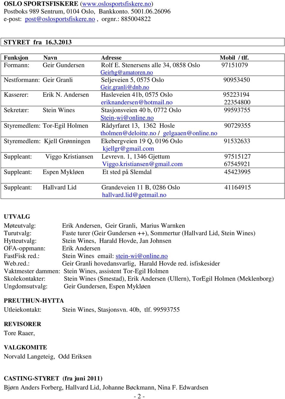 granli@dnb.no Kasserer: Erik N. Andersen Hasleveien 41b, 0575 Oslo 95223194 eriknandersen@hotmail.no 22354800 Sekretær: Stein Wines Stasjonsveien 40 b, 0772 Oslo 99593755 Stein-wi@online.