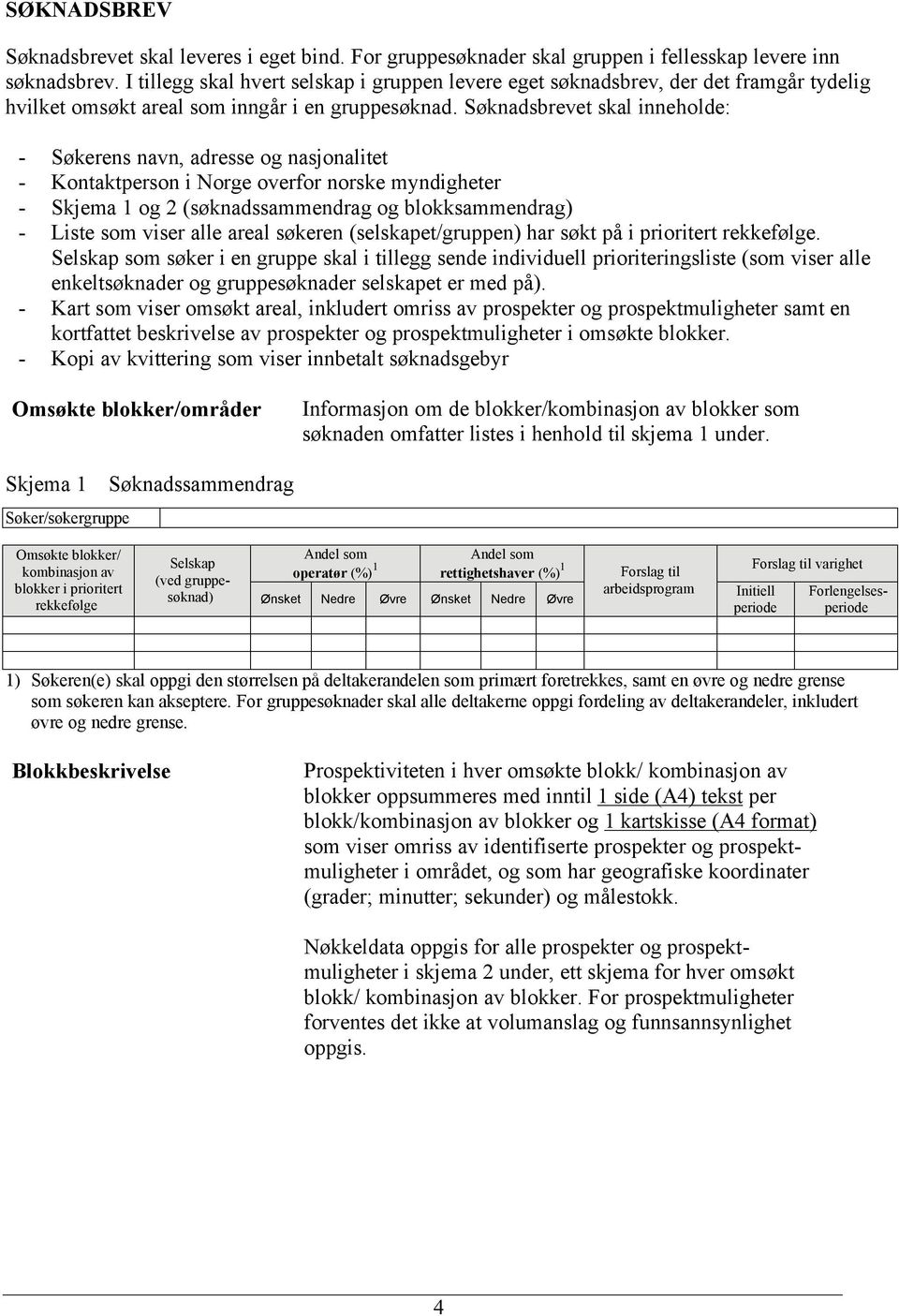 Søknadsbrevet skal inneholde: - Søkerens navn, adresse og nasjonalitet - Kontaktperson i Norge overfor norske myndigheter - Skjema 1 og 2 (søknadssammendrag og blokksammendrag) - Liste som viser alle