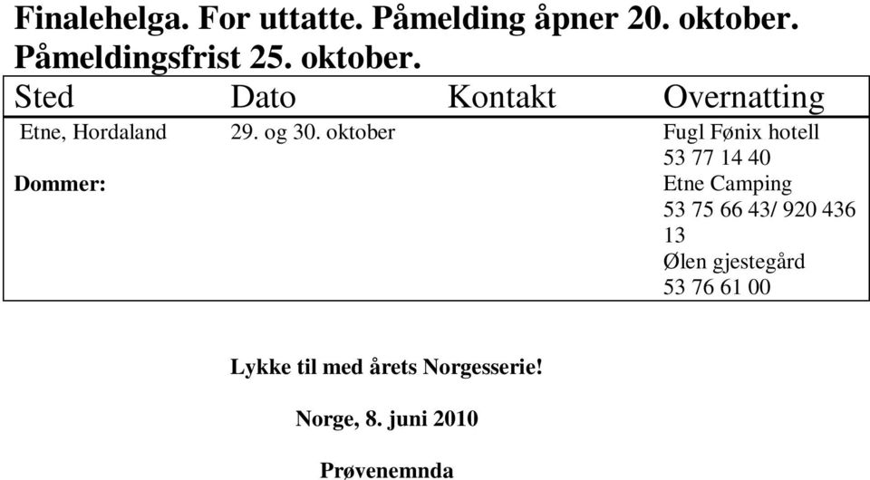 oktober Fugl Fønix hotell 53 77 14 40 Etne Camping 53 75 66 43/ 920