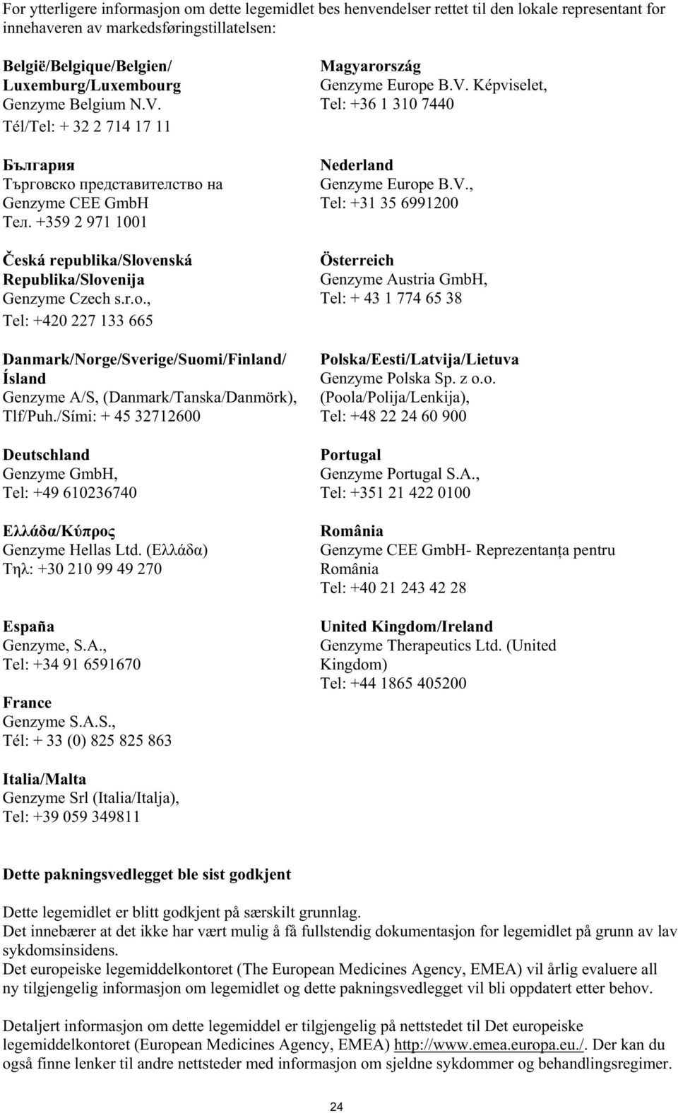 enská Republika/Slovenija Genzyme Czech s.r.o., Tel: +420 227 133 665 Danmark/Norge/Sverige/Suomi/Finland/ Ísland Genzyme A/S, (Danmark/Tanska/Danmörk), Tlf/Puh.