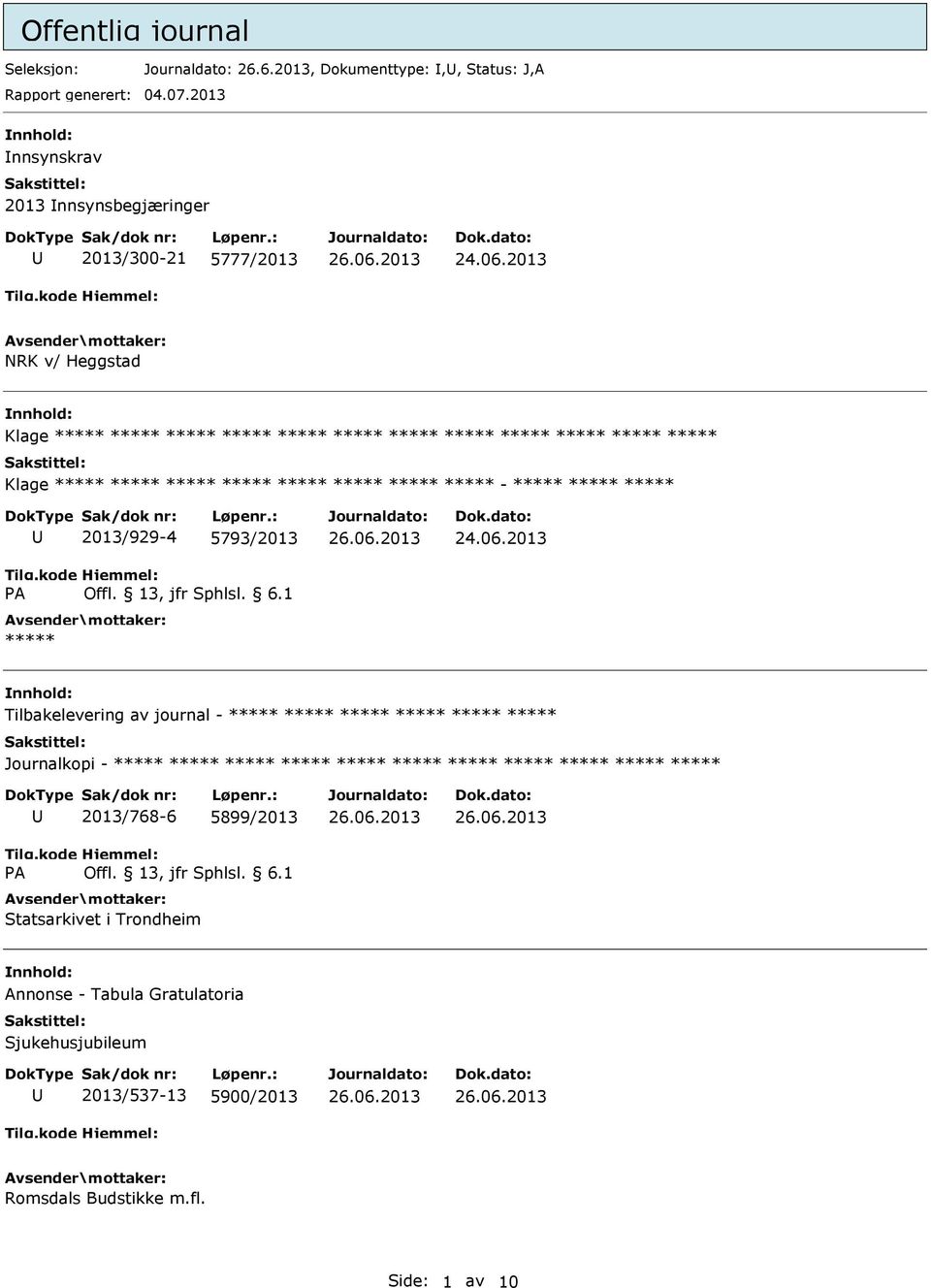 2013/929-4 5793/2013 Tilbakelevering av journal - 2013/768-6 5899/2013 Statsarkivet i Trondheim