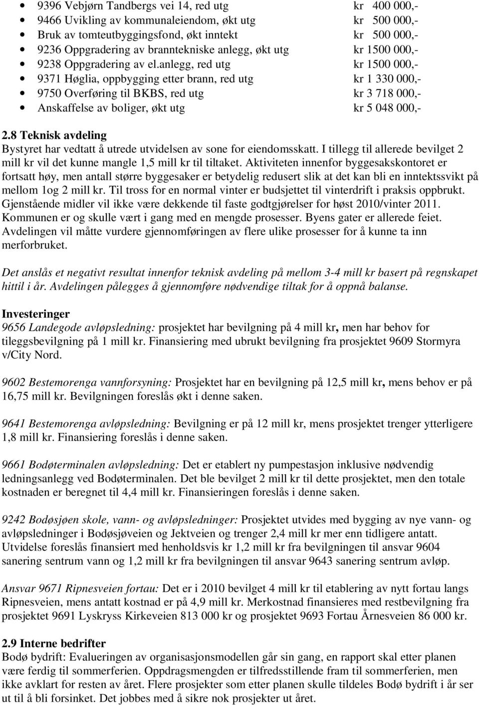 anlegg, red utg kr 1500 000,- 9371 Høglia, oppbygging etter brann, red utg kr 1 330 000,- 9750 Overføring til BKBS, red utg kr 3 718 000,- Anskaffelse av boliger, økt utg kr 5 048 000,- 2.