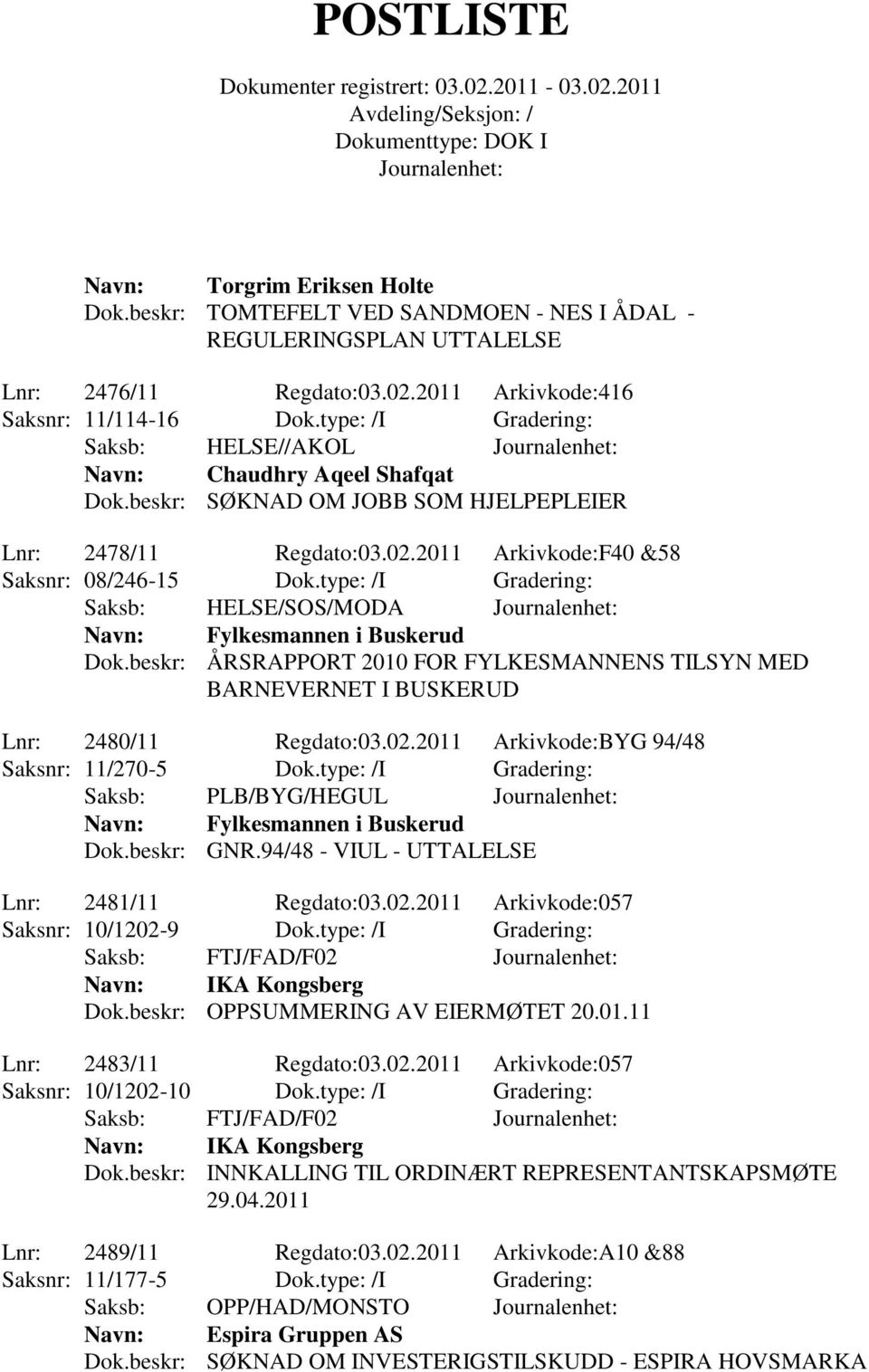 type: /I Gradering: Saksb: HELSE/SOS/MODA Fylkesmannen i Buskerud Dok.beskr: ÅRSRAPPORT 2010 FOR FYLKESMANNENS TILSYN MED BARNEVERNET I BUSKERUD Lnr: 2480/11 Regdato:03.02.