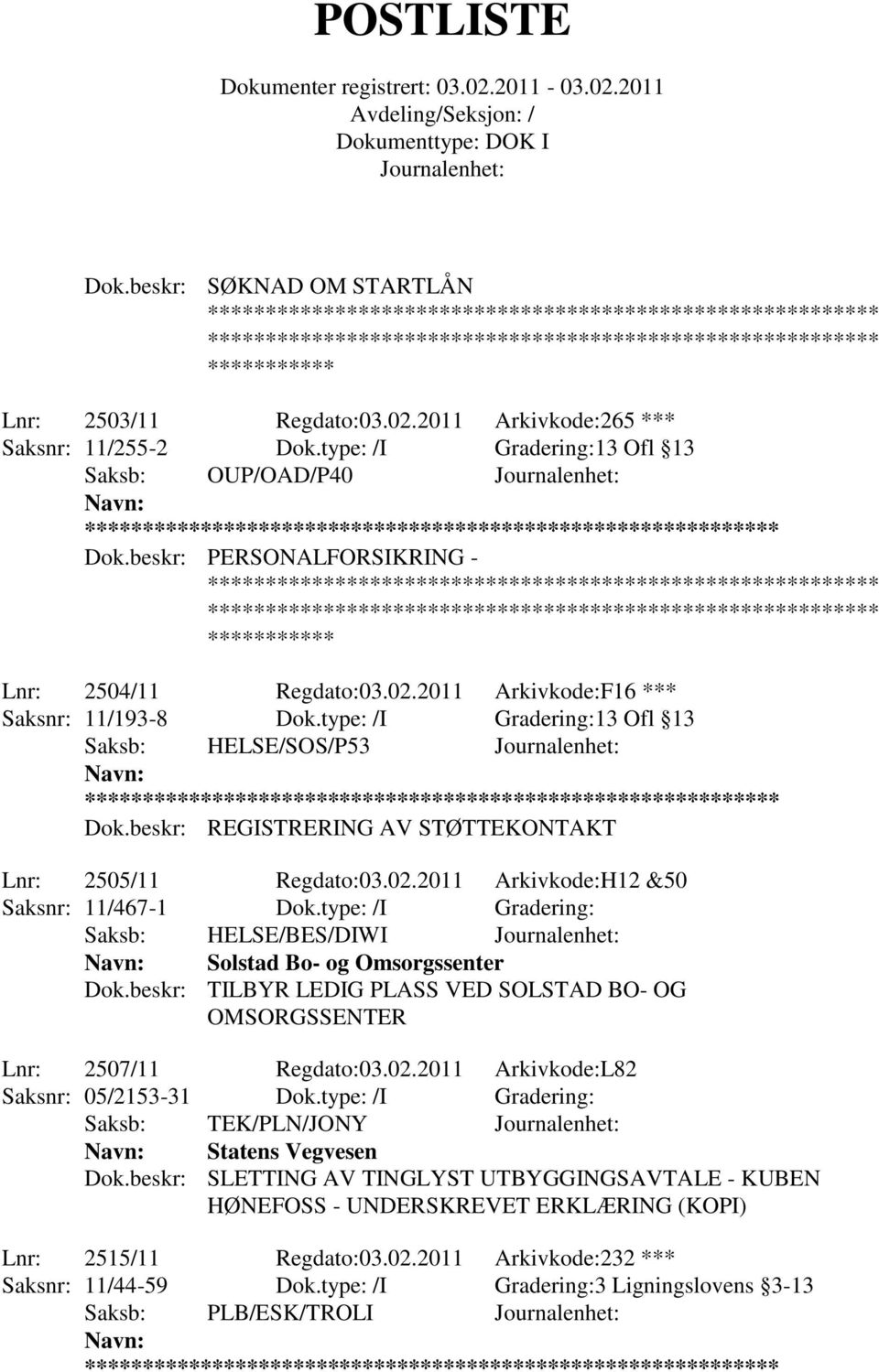 beskr: REGISTRERING AV STØTTEKONTAKT Lnr: 2505/11 Regdato:03.02.2011 Arkivkode:H12 &50 Saksnr: 11/467-1 Dok.type: /I Gradering: Saksb: HELSE/BES/DIWI Solstad Bo- og Omsorgssenter Dok.