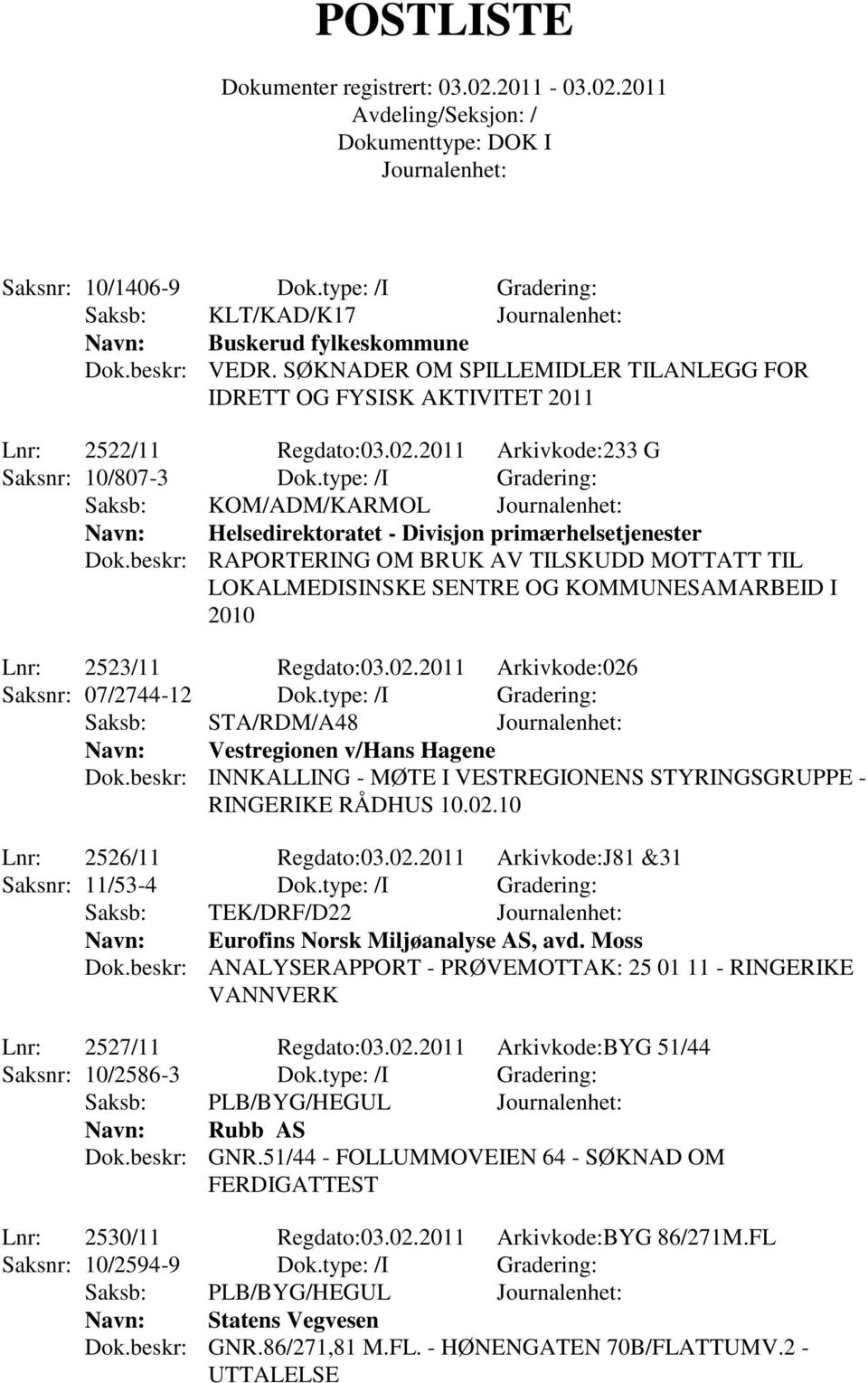 beskr: RAPORTERING OM BRUK AV TILSKUDD MOTTATT TIL LOKALMEDISINSKE SENTRE OG KOMMUNESAMARBEID I 2010 Lnr: 2523/11 Regdato:03.02.2011 Arkivkode:026 Saksnr: 07/2744-12 Dok.