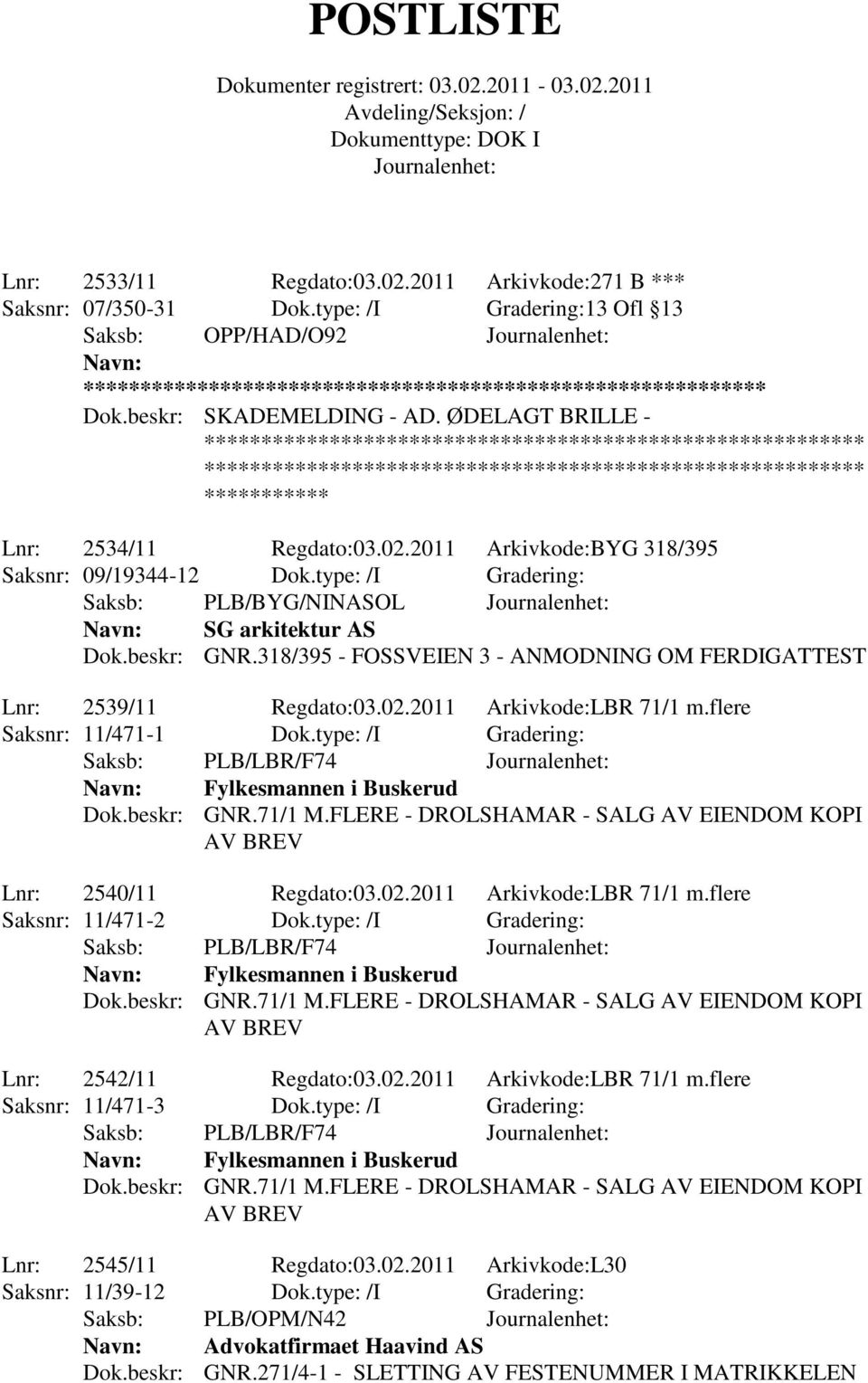 flere Saksnr: 11/471-1 Dok.type: /I Gradering: Saksb: PLB/LBR/F74 Fylkesmannen i Buskerud Dok.beskr: GNR.71/1 M.FLERE - DROLSHAMAR - SALG AV EIENDOM KOPI AV BREV Lnr: 2540/11 Regdato:03.02.