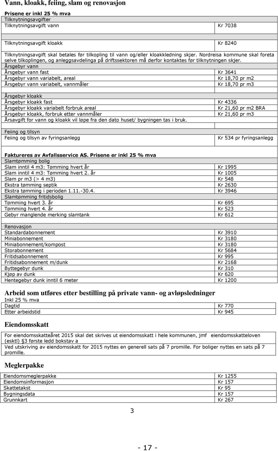 Årsgebyr vann Årsgebyr vann fast Kr 3641 Årsgebyr vann variabelt, areal Kr 18,70 pr m2 Årsgebyr vann variabelt, vannmåler Kr 18,70 pr m3 Årsgebyr kloakk Årsgebyr kloakk fast Kr 4336 Årsgebyr kloakk