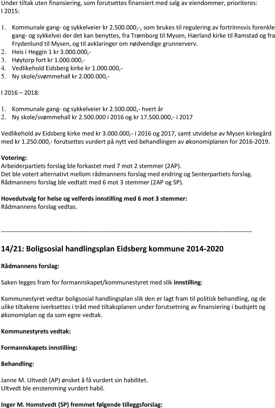 nødvendige grunnerverv. 2. Heis i Heggin 1 kr 3.000.000,- 3. Høytorp fort kr 1.000.000,- 4. Vedlikehold Eidsberg kirke kr 1.000.000,- 5. Ny skole/svømmehall kr 2.000.000,- I 2016 2018: 1.