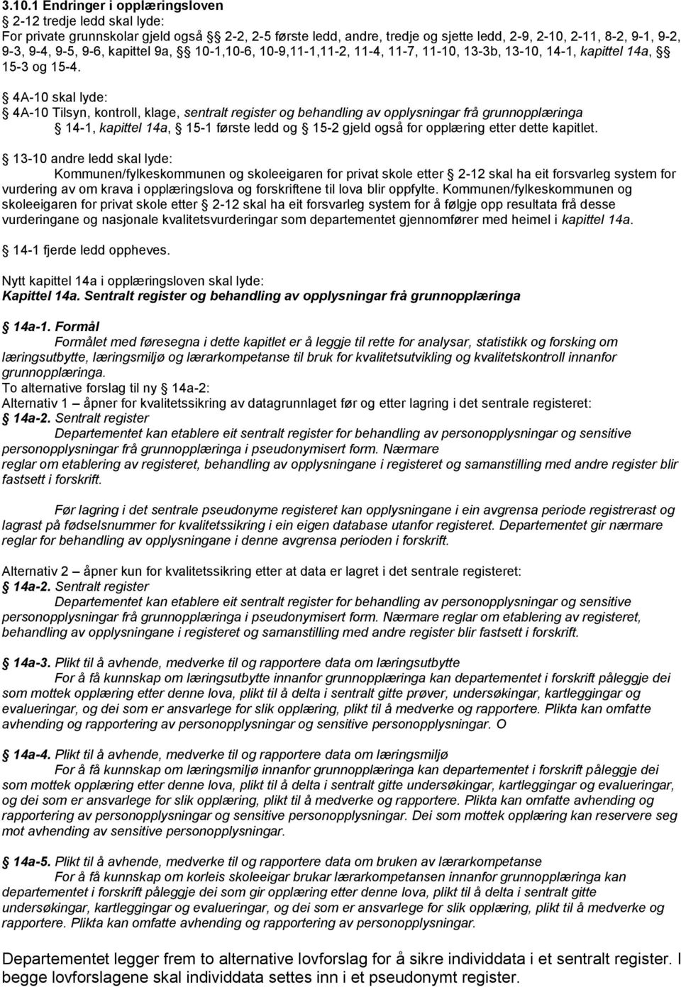 4A-10 skal lyde: 4A-10 Tilsyn, kontroll, klage, sentralt register og behandling av opplysningar frå grunnopplæringa 14-1, kapittel 14a, 15-1 første ledd og 15-2 gjeld også for opplæring etter dette
