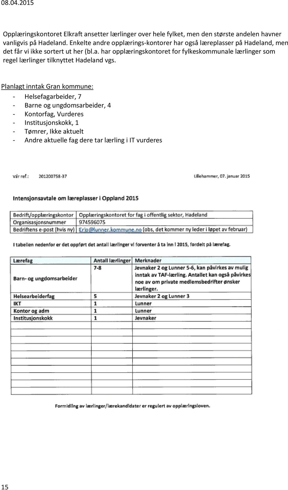 Planlagt inntak Gran kommune: - Helsefagarbeider, 7 - Barne og ungdomsarbeider, 4 - Kontorfag, Vurderes - Institusjonskokk, 1 -