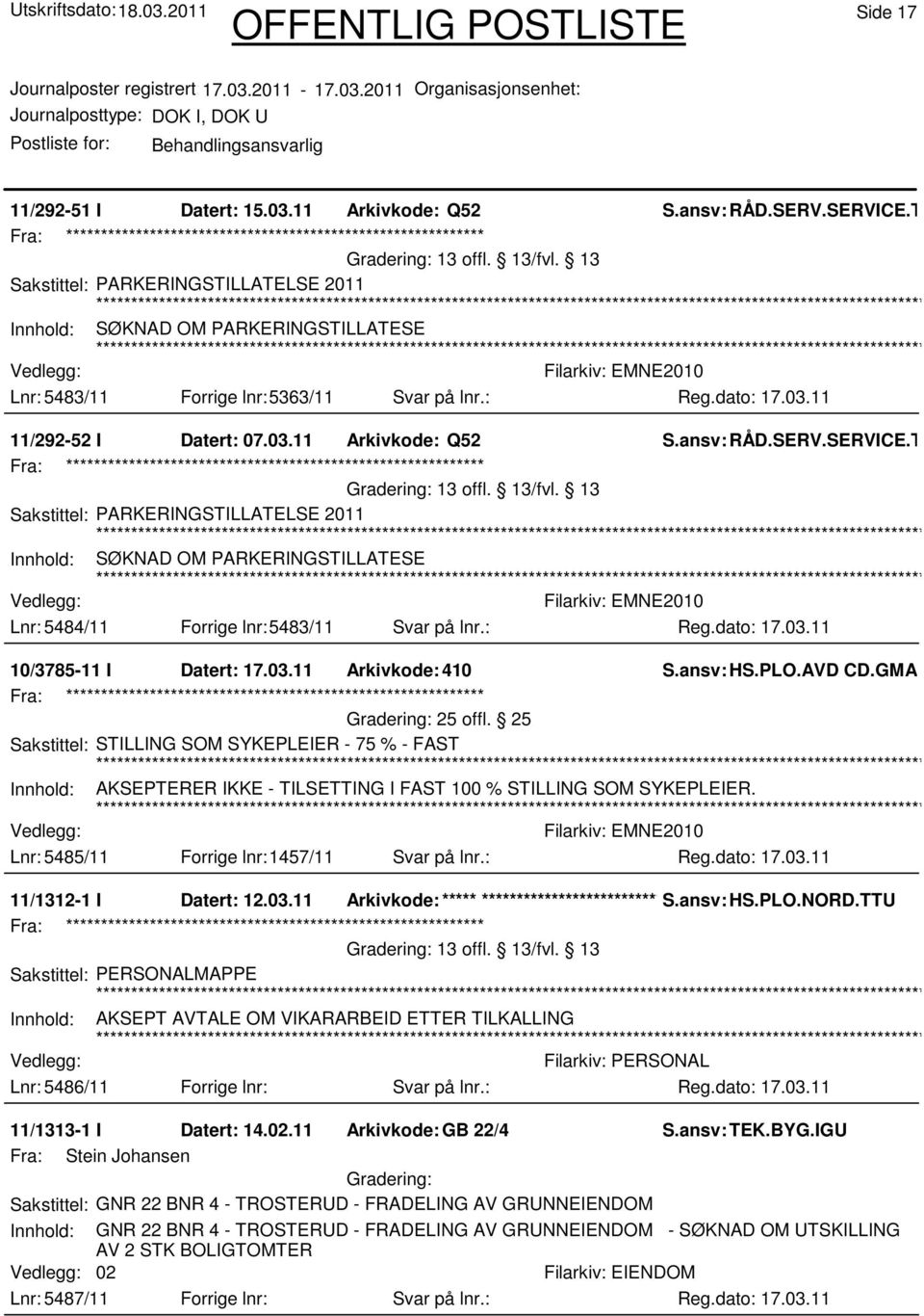 TORG 13 offl. 13/fvl. 13 Sakstittel: PARKERINGSTILLATELSE 2011 Innhold: SØKNAD OM PARKERINGSTILLATESE Lnr: 5484/11 Forrige lnr:5483/11 Svar på lnr.: 10/3785-11 I Datert: 17.03.11 Arkivkode:410 S.