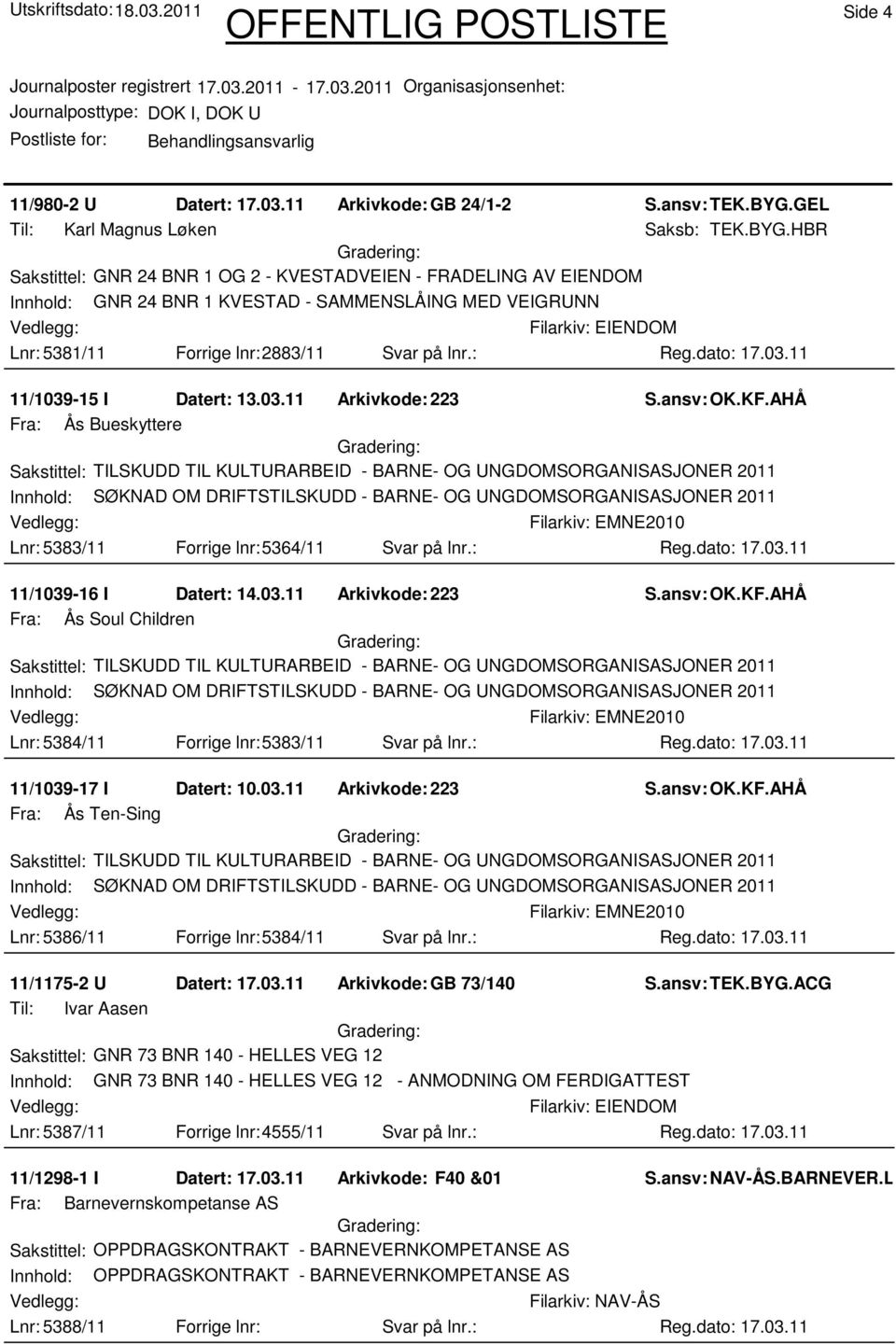 HBR Sakstittel: GNR 24 BNR 1 OG 2 - KVESTADVEIEN - FRADELING AV EIENDOM Innhold: GNR 24 BNR 1 KVESTAD - SAMMENSLÅING MED VEIGRUNN Lnr: 5381/11 Forrige lnr:2883/11 Svar på lnr.