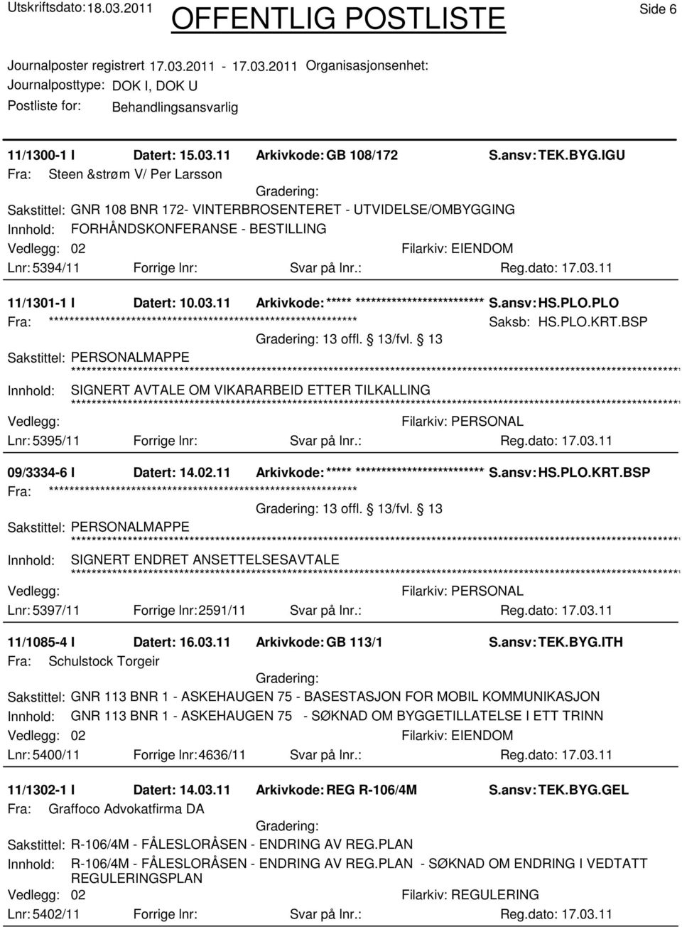 : 11/1301-1 I Datert: 10.03.11 Arkivkode:***** ****************************** S.ansv: HS.PLO.PLO Saksb: HS.PLO.KRT.BSP 13 offl. 13/fvl.