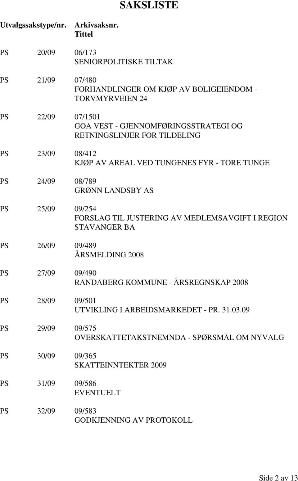 RETNINGSLINJER FOR TILDELING PS 23/09 08/412 KJØP AV AREAL VED TUNGENES FYR - TORE TUNGE PS 24/09 08/789 GRØNN LANDSBY AS PS 25/09 09/254 FORSLAG TIL JUSTERING AV MEDLEMSAVGIFT I