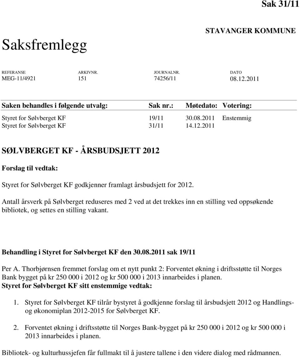 2011 SØLVBERGET KF - ÅRSBUDSJETT 2012 Forslag til vedtak: Styret for Sølvberget KF godkjenner framlagt årsbudsjett for 2012.