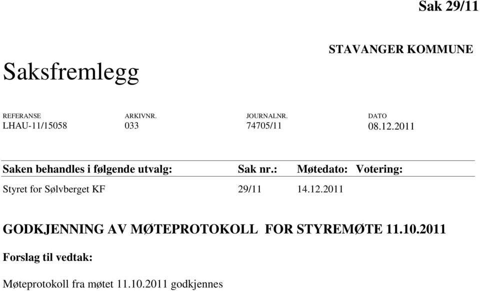 : Møtedato: Votering: Styret for Sølvberget KF 29/11 14.12.