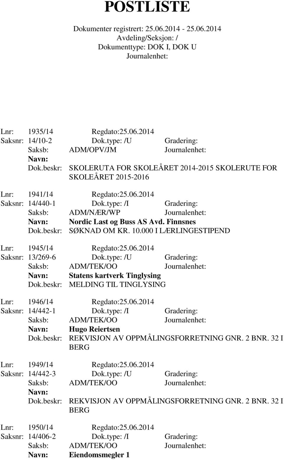 type: /U Gradering: Saksb: ADM/TEK/OO Statens kartverk Tinglysing Dok.beskr: MELDING TIL TINGLYSING Lnr: 1946/14 Regdato:25.06.2014 Saksnr: 14/442-1 Dok.