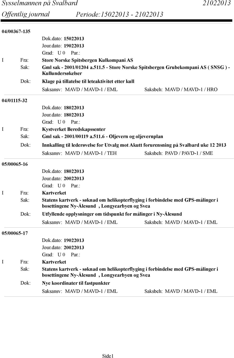 I Fra: Kystverket Beredskapssenter Sak: Gml sak - 2001/00119 a.511.