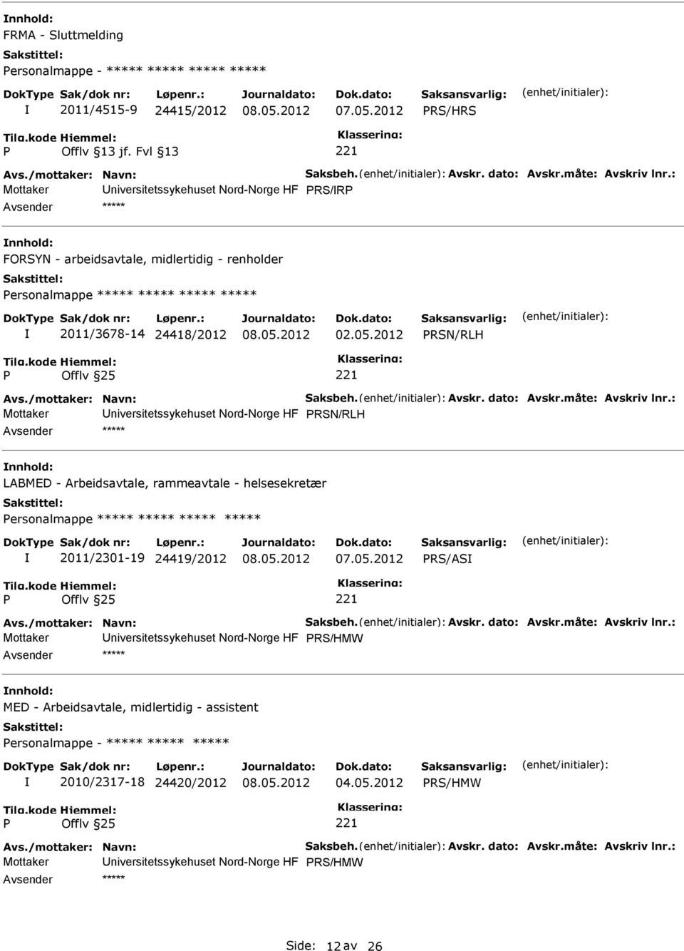 2012 RSN/RLH Mottaker niversitetssykehuset Nord-Norge HF RSN/RLH LABMED - Arbeidsavtale, rammeavtale - helsesekretær ersonalmappe ***** ***** ***** ***** 2011/2301-19