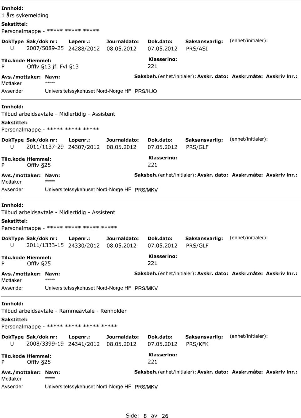 - Midlertidig - Assistent ersonalmappe - ***** ***** ***** ***** 2011/1333-15 24330/2012 RS/GLF niversitetssykehuset Nord-Norge HF RS/MKV Tilbud