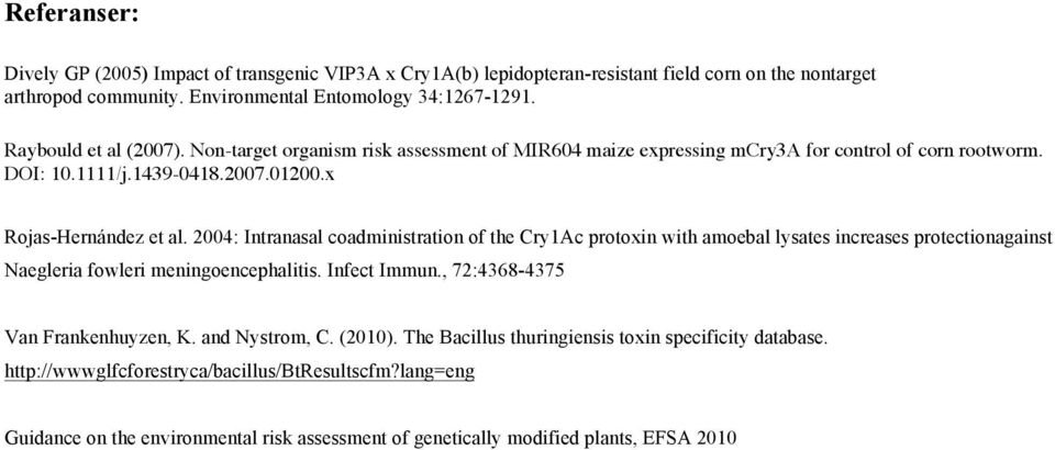 2004: Intranasal coadministration of the Cry1Ac protoxin with amoebal lysates increases protectionagainst Naegleria fowleri meningoencephalitis. Infect Immun., 72:4368-4375 Van Frankenhuyzen, K.
