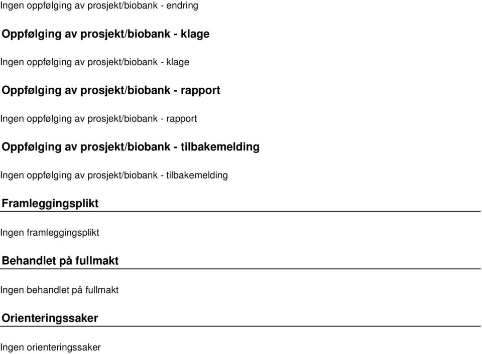 Oppfølging av prosjekt/biobank - tilbakemelding Ingen oppfølging av prosjekt/biobank - tilbakemelding