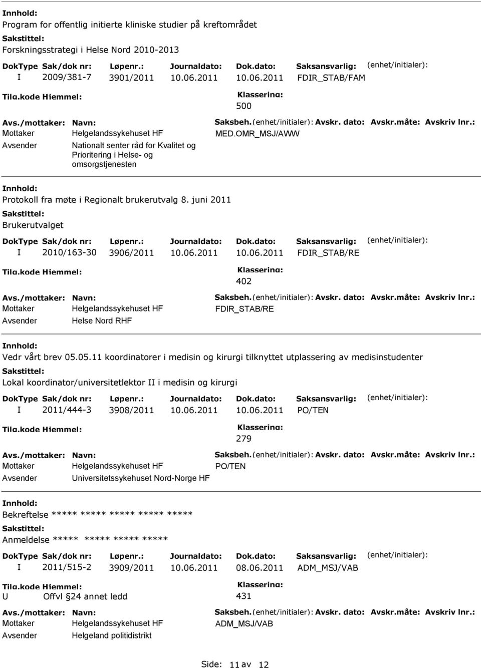 juni 2011 Brukerutvalget 2010/163-30 3906/2011 FDR_STAB/RE 402 Mottaker FDR_STAB/RE Helse Nord RHF Vedr vårt brev 05.