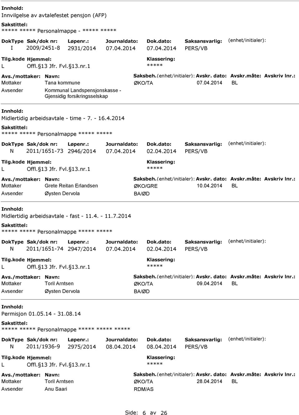 4. - 11.7.2014 ersonalmappe 2011/1651-74 2947/2014 07.04.2014 02.04.2014 Avs./mottaker: avn: Saksbeh. Avskr. dato: Avskr.måte: Avskriv lnr.: 09.04.2014 B Avsender Øysten Dervola BA/ØD ermisjon 01.05.