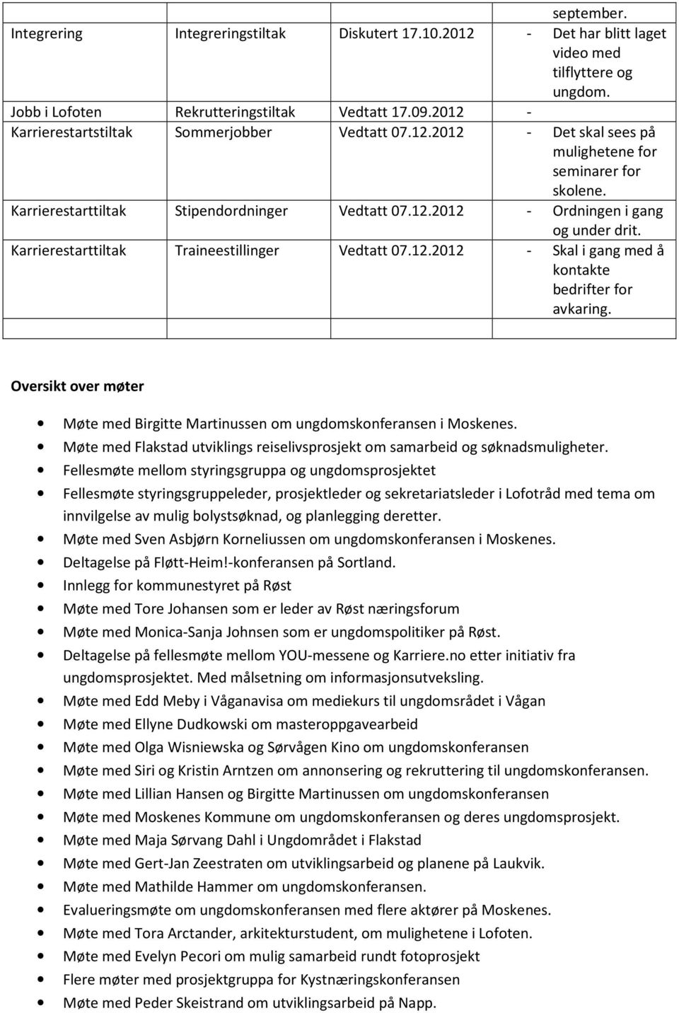 Karrierestarttiltak Traineestillinger Vedtatt 07.12.2012 - Skal i gang med å kontakte bedrifter for avkaring. Oversikt over møter Møte med Birgitte Martinussen om ungdomskonferansen i Moskenes.