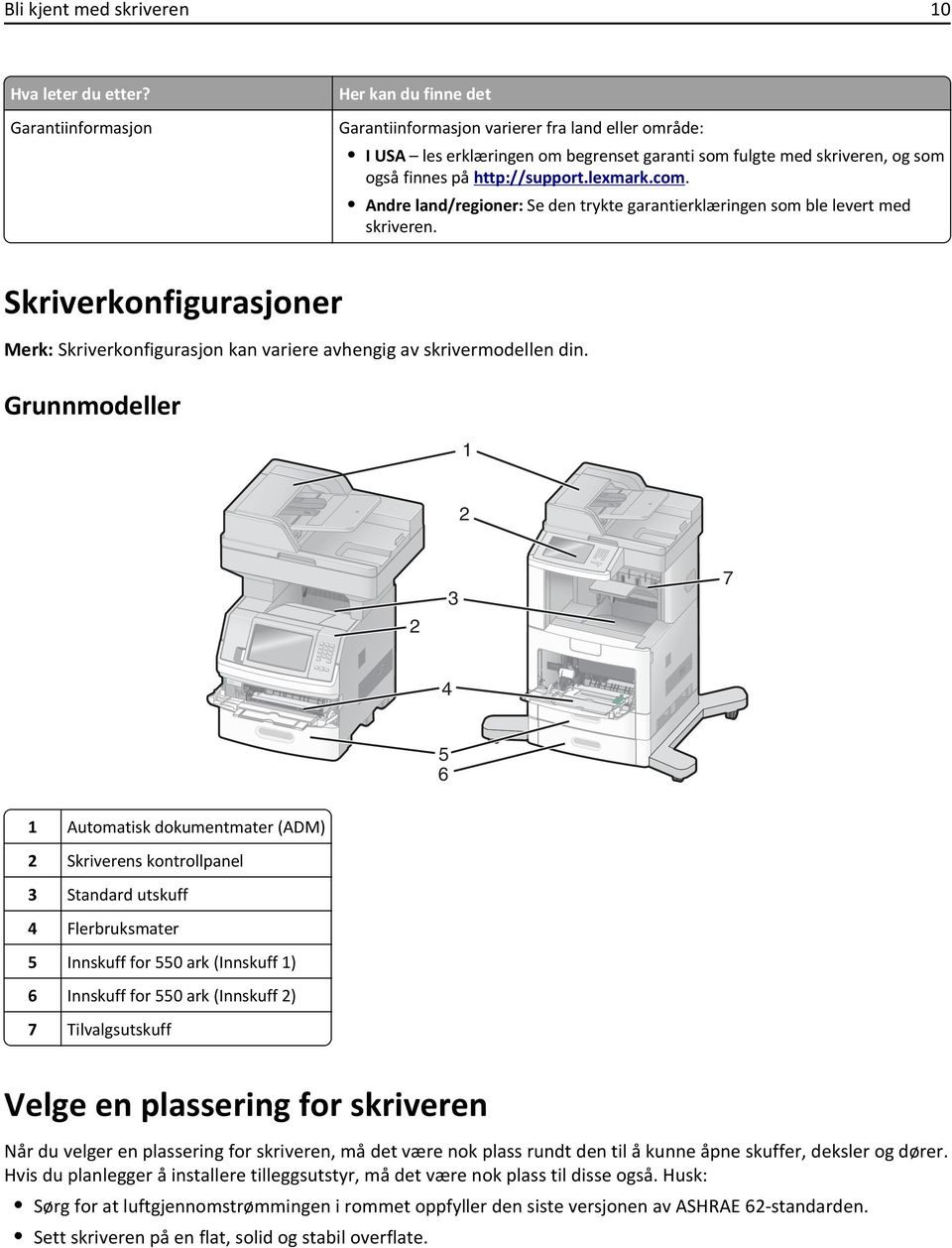 lexmark.com. Andre land/regioner: Se den trykte garantierklæringen som ble levert med skriveren. Skriverkonfigurasjoner Skriverkonfigurasjon kan variere avhengig av skrivermodellen din.