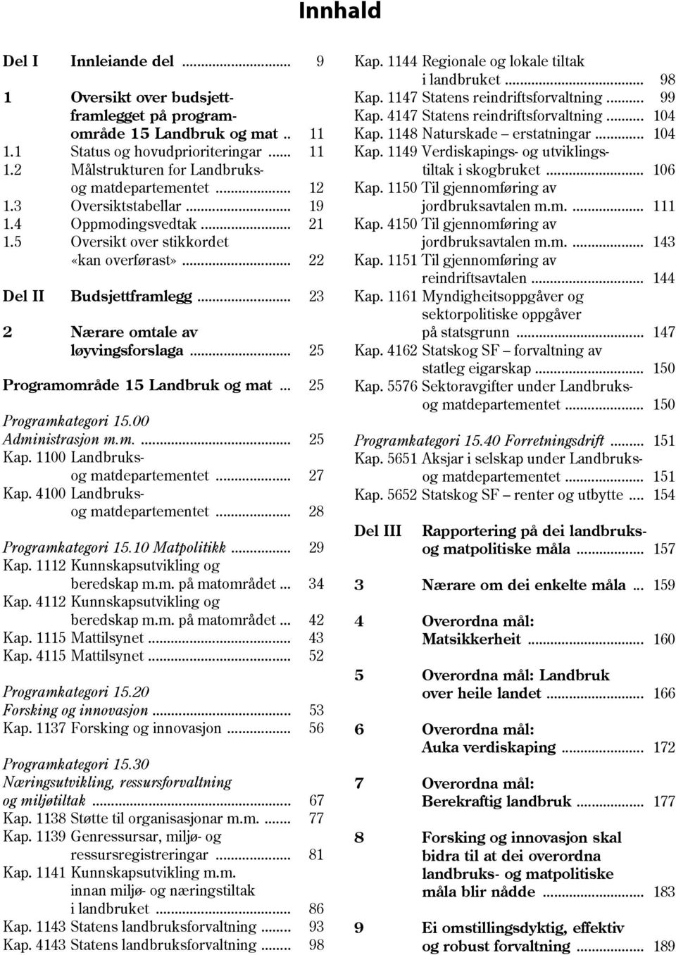 .. 25 Programområde 15 Landbruk og mat... 25 Programkategori 15.00 Administrasjon m.m.... 25 Kap. 1100 Landbruksog matdepartementet... 27 Kap. 4100 Landbruksog matdepartementet... 28 Programkategori 15.